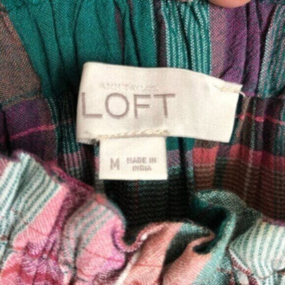 Ann Taylor LOFT | Off Shoulder Green Mauve Plaid Blouse Size Medium - Picture 6 of 8